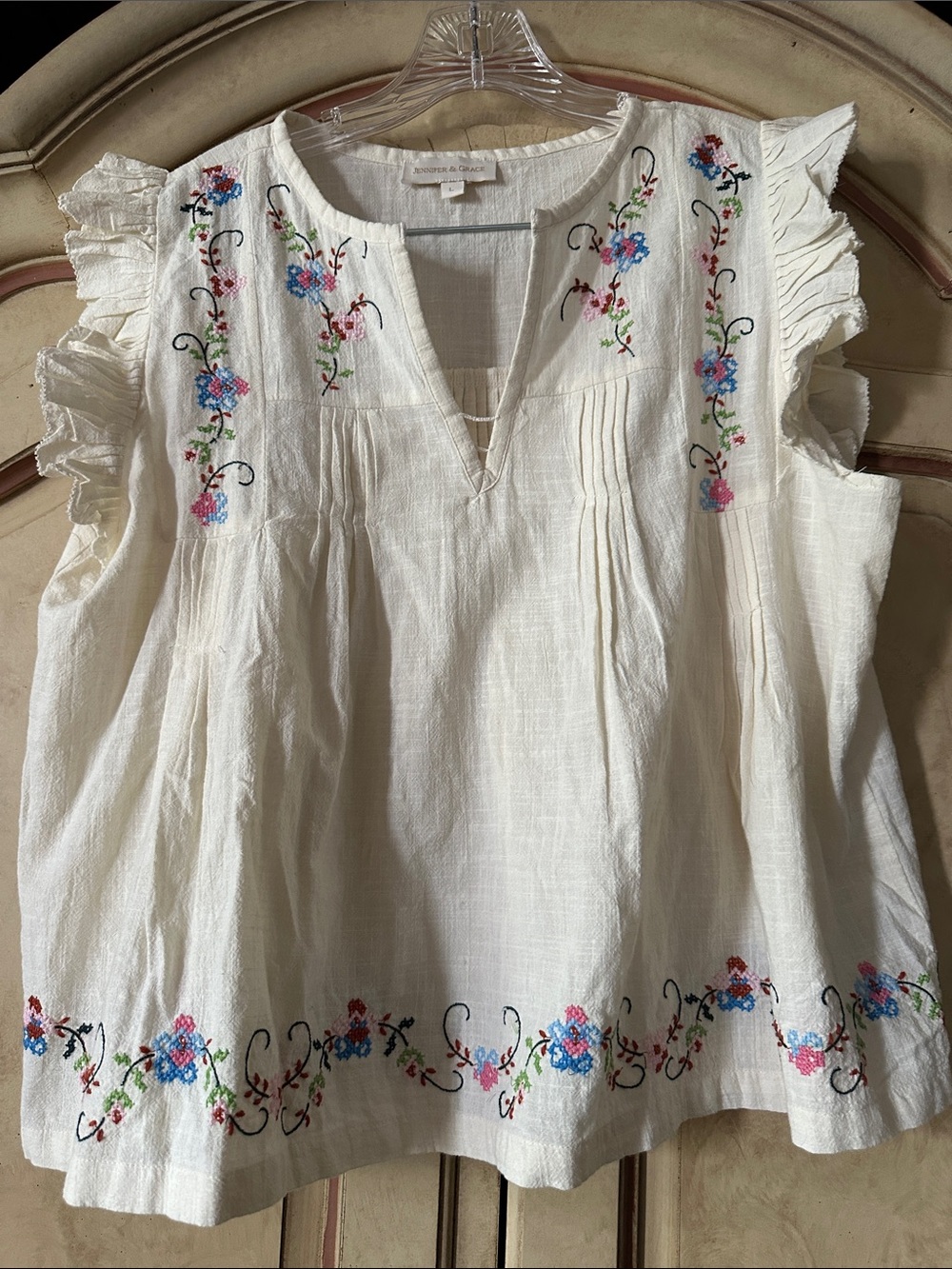 Jennifer & Grace Embroidered Cotton Ruffle Tank Top - White with Floral Detail